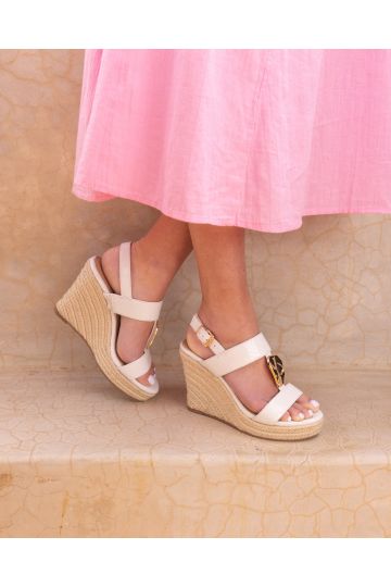 Bethany White Hardware Detail Strap Wedge Sandal