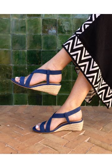 BRODY Navy Elastic Cross Front Low Wedge Sandal