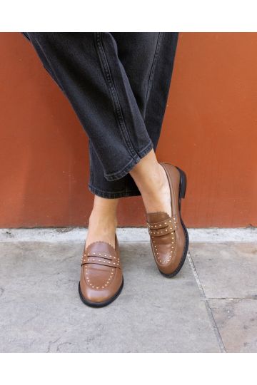 WIDE FIT CARMELLA Tan Stud Detail Loafer