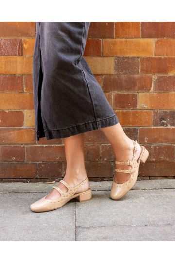 COURTNEY Nude Eyelet Detail Mary Jane Low Heel Slingback
