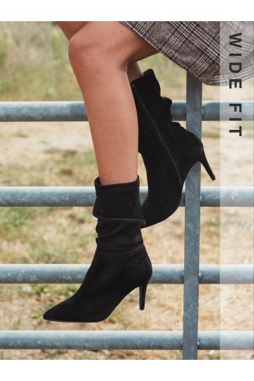 Dekota Black Wide Fit Mid Heel Point Ruched Ankle Boot