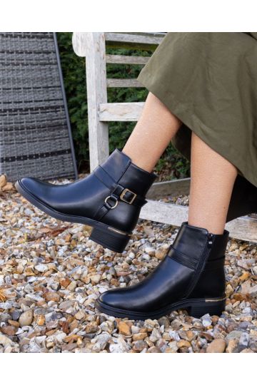 Dora Black Buckle Ring Detail Flat Ankle Boot