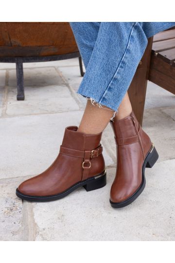 Dora Tan Buckle Ring Detail Flat Ankle Boot