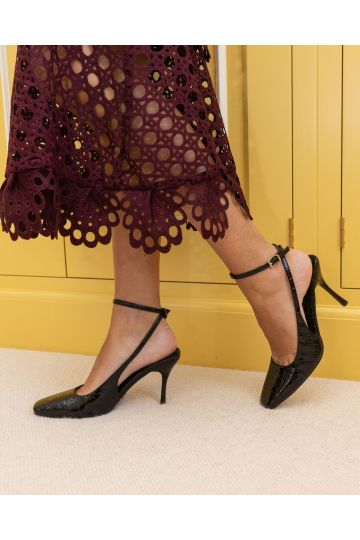 ICON Black Square Toe High Stiletto Slingback Ankle Strap Cou