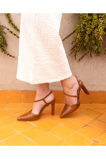 Indie Tan Croc Asymmetric Slingback Court