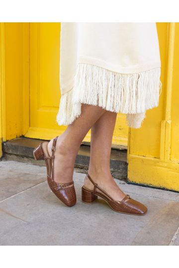 ISADORA Tan Block Heel Mary Jane Slingback Court