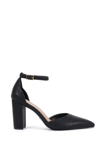 Wide Fit Ivar Black Two Part Block Heel Point Toe Ankle Strap