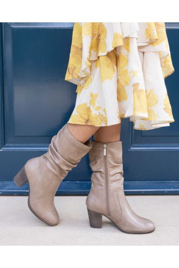 WIDE FIT JOANY Taupe Block Heel Slouch Ruched Ankle Boot
