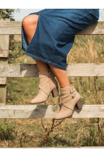 Jorgie Taupe Buckle Mid Heel Ankle Boot