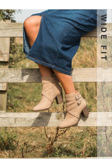 Wide Fit Jorgie Taupe Buckle Mid Heel Ankle Boot