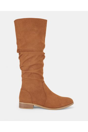 Josslyn Tan Ruched Knee High Flat Boot