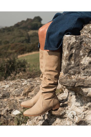 Josslyn Taupe Ruched Knee High Flat Boot