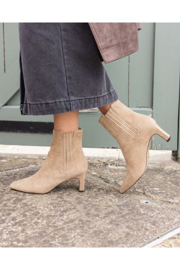 KARA Taupe Low Slim Block Heel Square Point Chelsea Ankle Boo