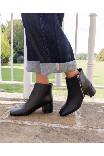 KATE Black Zip Side Square Toe Block Heel Ankle Boot