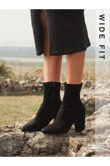 Kellan Black Wide Fit Block Heel Sock Ankle Boot