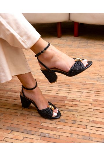Leighton Black Block Heel Raffia Hardware Two Part Sandal