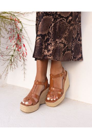 BEATRIX Tan Tbar Wedge Espadrille Sandal