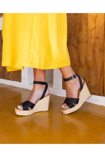 WIDE FIT BELLA Black Woven Detail Wedge Sandal