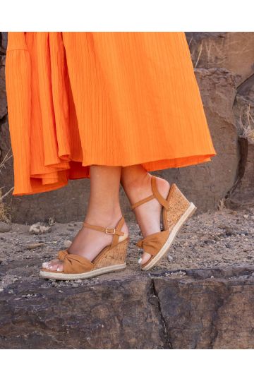 WIDE FIT BLOOM Tan Knot Cork Wedge Sandal