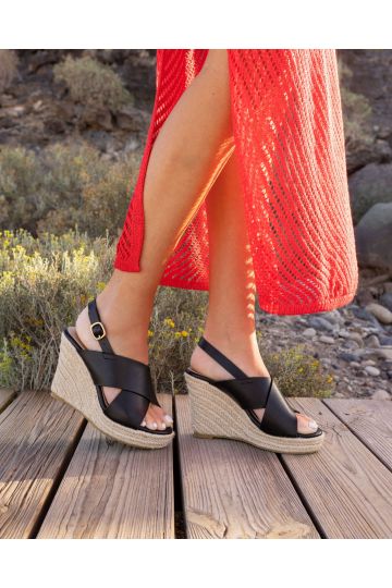BLOSSOM Black Espadrille Cross Front Wedge Sandal