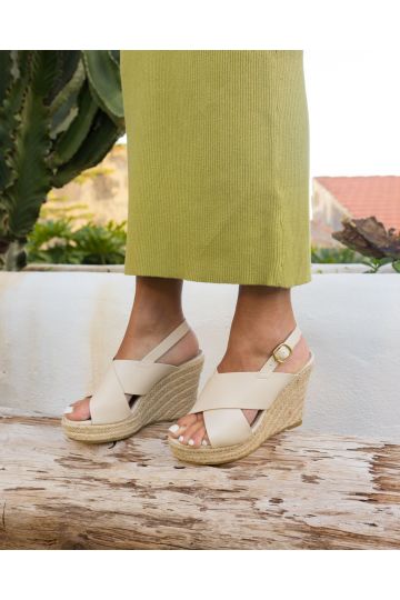 BLOSSOM Off White Espadrille Cross Front Wedge Sandal
