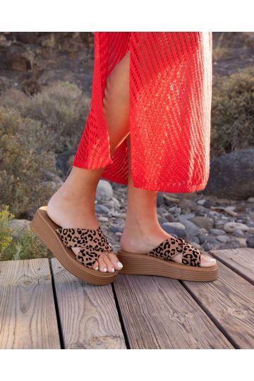 BRUNO Leopard Cross Strap Flatform Mule Sandal