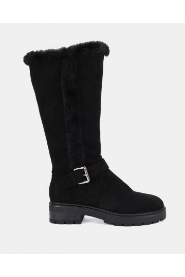 Gillian Black Faux fur lined chunky flat knee buckle boot