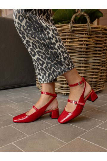 Hazel Red Low block heel ankle strap mary jane shoe