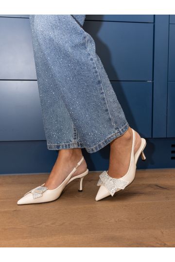 Isernia Off White Luxe Diamante Bow Slingback Court
