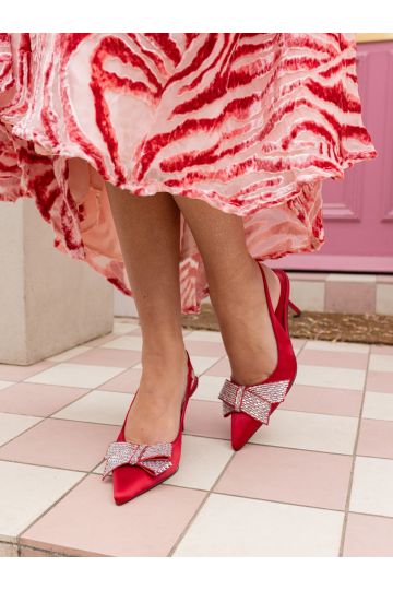 Wide Fit Isernia Red Luxe Diamante Bow Slingback Court