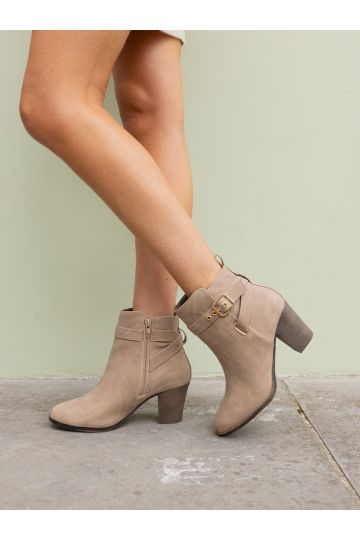Jayda Taupe Buckle Detail Heeled Boot