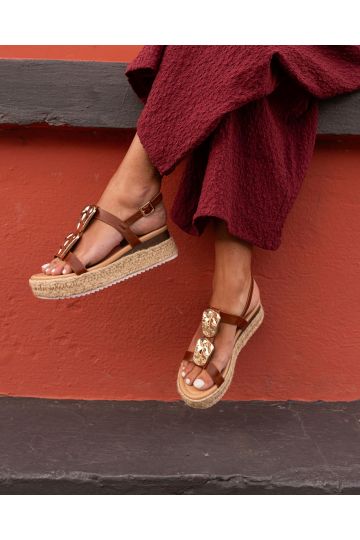 WIDE FIT SASKIA Tan Hardware Detail Espadrille Flatform Sanda
