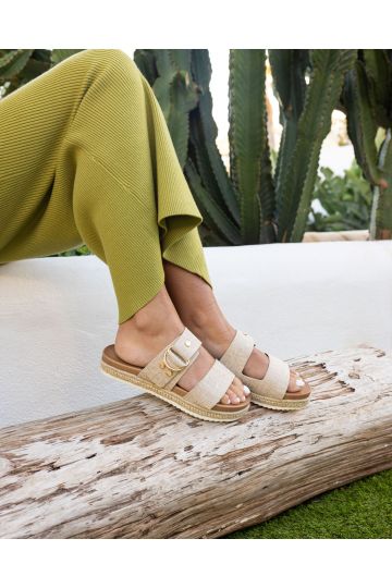 SEZZADIO Linen Double Strap Buckle Mule Espadrille Sandal
