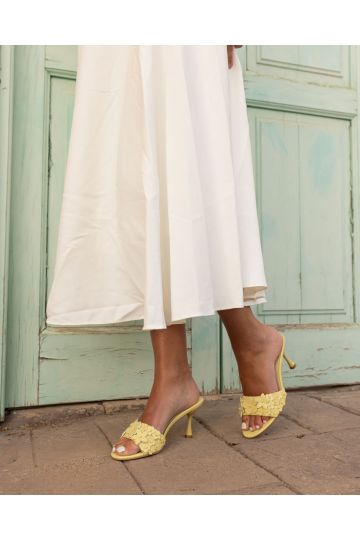YEARNING Yellow Flower Detail Heeled Mule Sandal