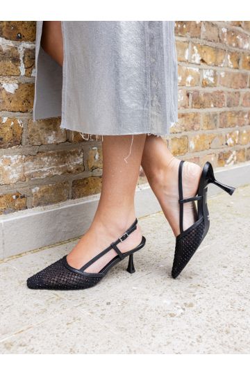Zaidan Black Mesh Embellished Slingback Court