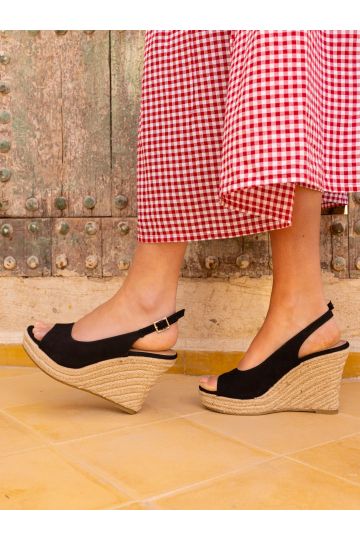 Wide Fit Ocean Black Slingback Espadrille Wedge