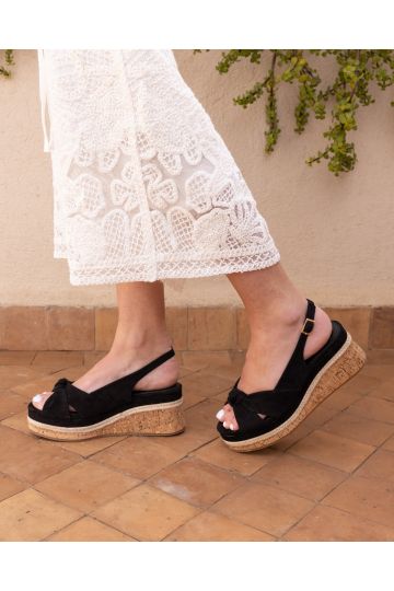 Wide Fit Billie Black Mid Wedge Knot Slingback Sandal