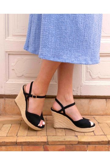 WIDE FIT BLISS Black Espadrille Wedge Sandal
