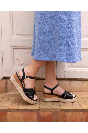Wide Fit Blythe Black Mid Wedge Strappy Espadrille Sandal