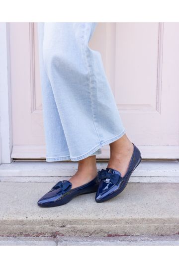 WIDE FIT COCO Navy Bow Flat Point Shoe