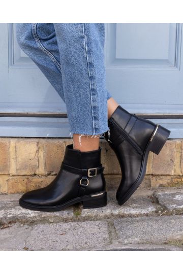 Wide Fit Dora Black Buckle Ring Detail Flat Ankle Boot
