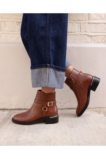 Wide Fit Dora Tan Buckle Ring Detail Flat Ankle Boot