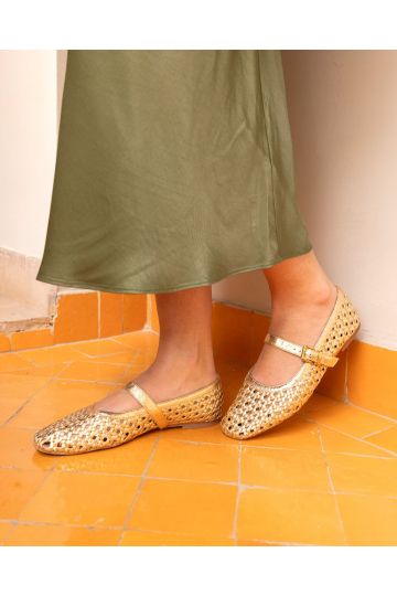 WIDE FIT FAYE Gold Woven Mary Jane Flat Shoe
