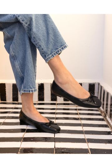 WIDE FIT FLORA Black Eyelet Detail Bow Flat Ballerina