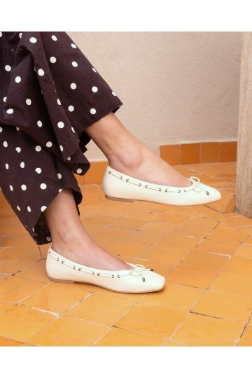 WIDE FIT FLORA Natural Eyelet Detail Bow Flat Ballerina