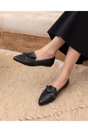 WIDE FIT FLOSSY Black Bow Detail Slip On Flat Loafer Shoe