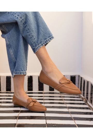 WIDE FIT FLOSSY Tan Bow Detail Slip On Flat Loafer Shoe