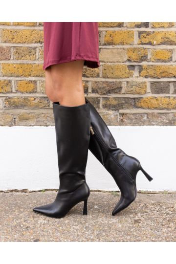 Wide Fit Galaxy Black Point Toe Stiletto Stretch Knee Boot