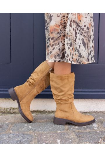 Wide Fit Gentle Taupe Flat Ruched Calf Boot