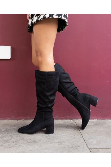 WIDE FIT GERI Black Block Heel Square Toe Ruched Knee Boot